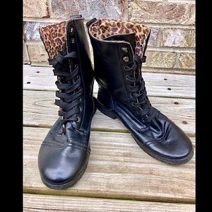 Black Lace Up Combat Boots with Leopard Lining Goth Punk Hippie Boots